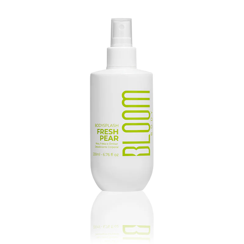Frasco branco de spray com texto verde de body splash Fresh Pear