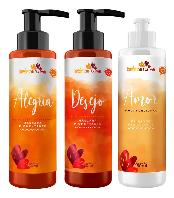 Três frascos de produtos Beleza Ruiva com tampa de bomba e etiquetas laranja e branca