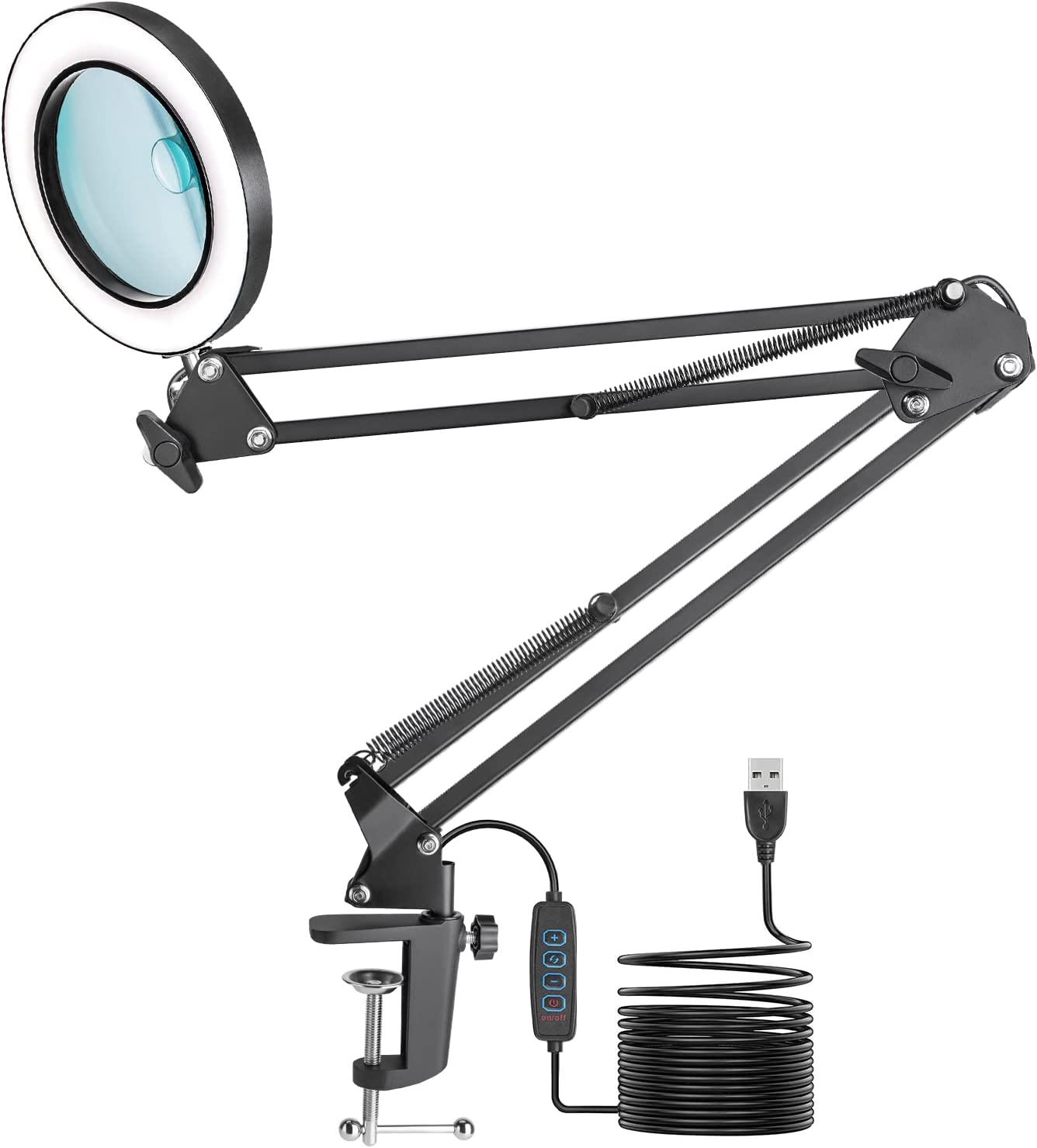 Lâmpada de mesa com lente de aumento, braço articulado e cabo USB preto