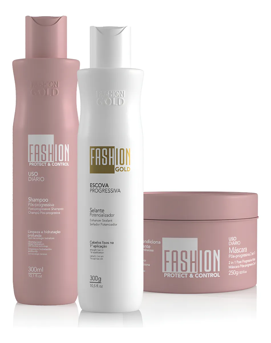 Conjunto de produtos para cabelo Fashion Gold em frascos rosa e branco e embalagem redonda rosa