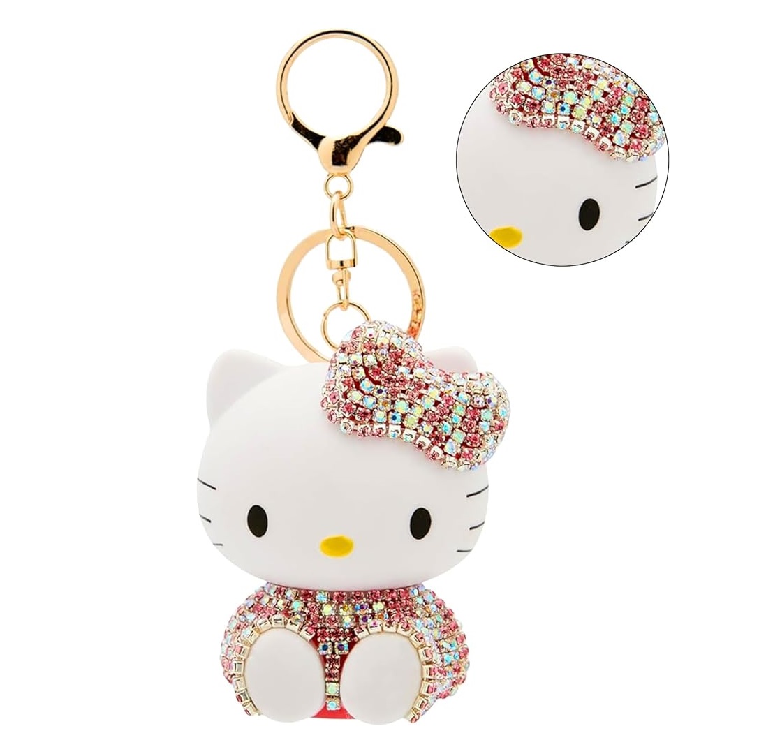 Porta-chaves Hello Kitty com cristais rosa e anel dourado