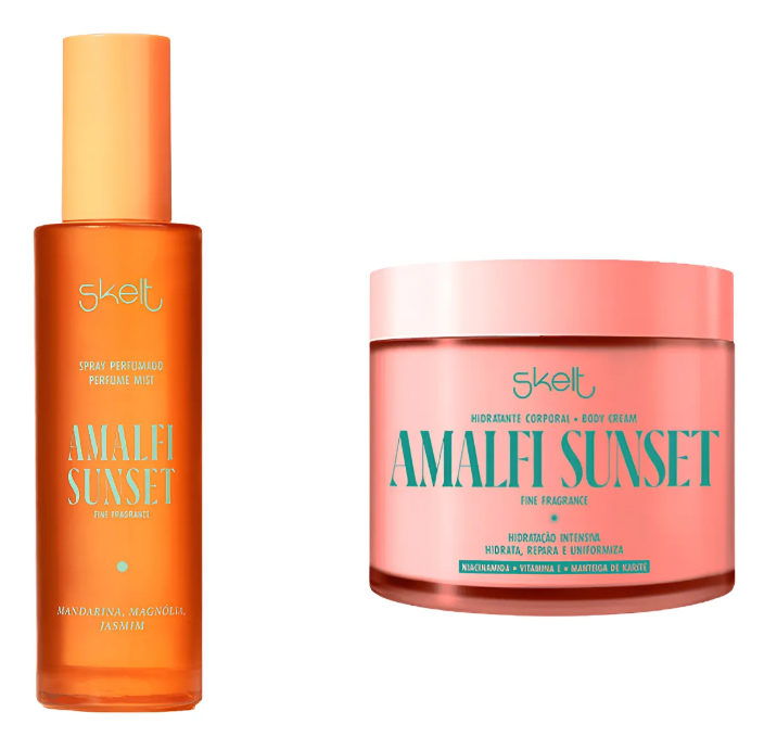 Spray perfumado e creme corporal da marca Skelt com design em tons laranja e rosa com textos visíveis AMALFI SUNSET.