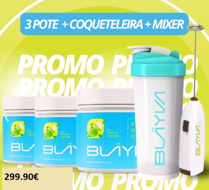 Três potes de suplemento BLUYYA Maçã Verde, copo misturador azul e branco e mixer branco com detalhes castanhos sob fundo amarelo