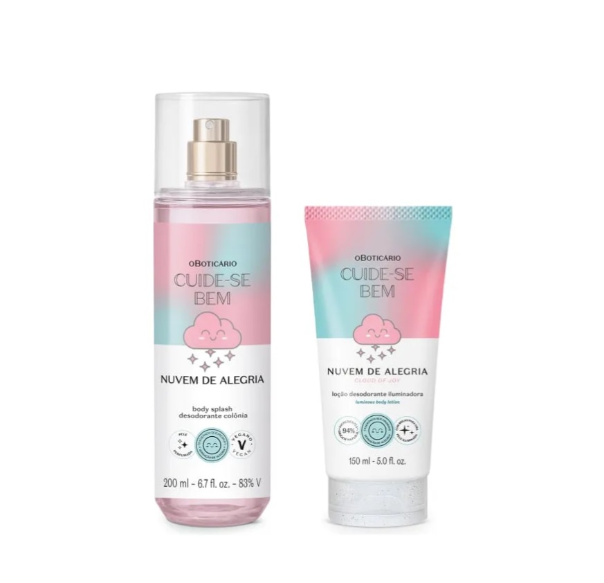 Conjunto Cuide-se Bem Nuvem de Alegria com body splash e loção desodorante iluminadora em embalagens rosas e azul pastel.
