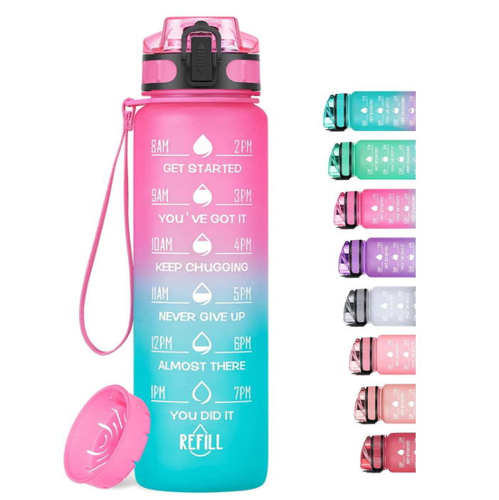 Garrafa de água rosa degradê para azul com marcações horárias e frases motivacionais