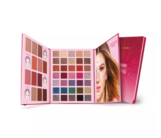 Paleta de maquilhagem ELIDORA com várias sombras coloridas em embalagem rosa