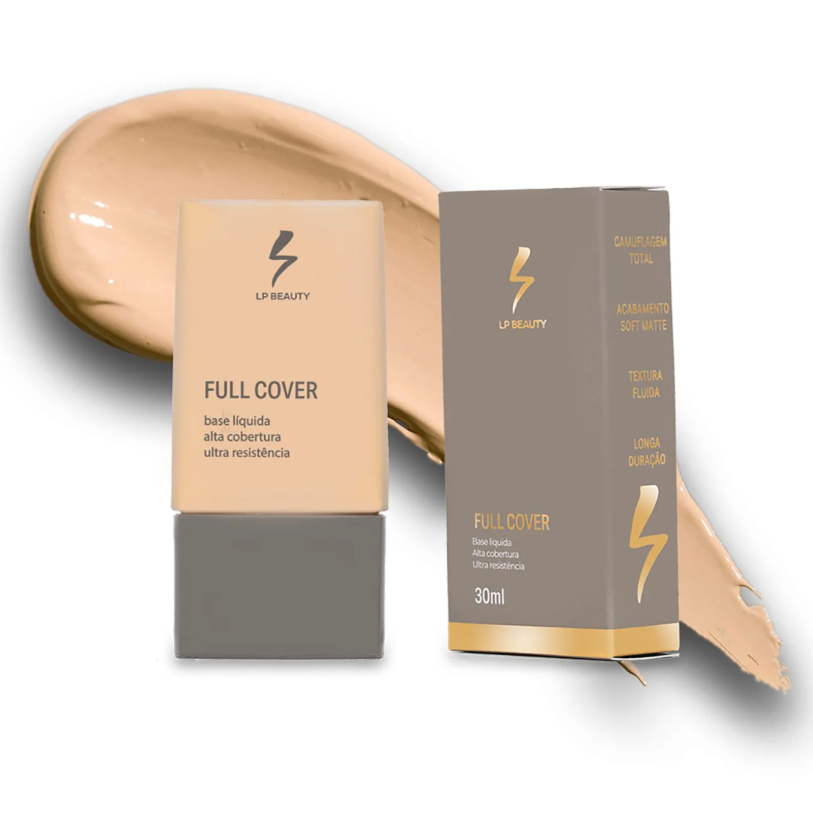 Base líquida LP Beauty Full Cover com embalagem e caixa cinza e dourado