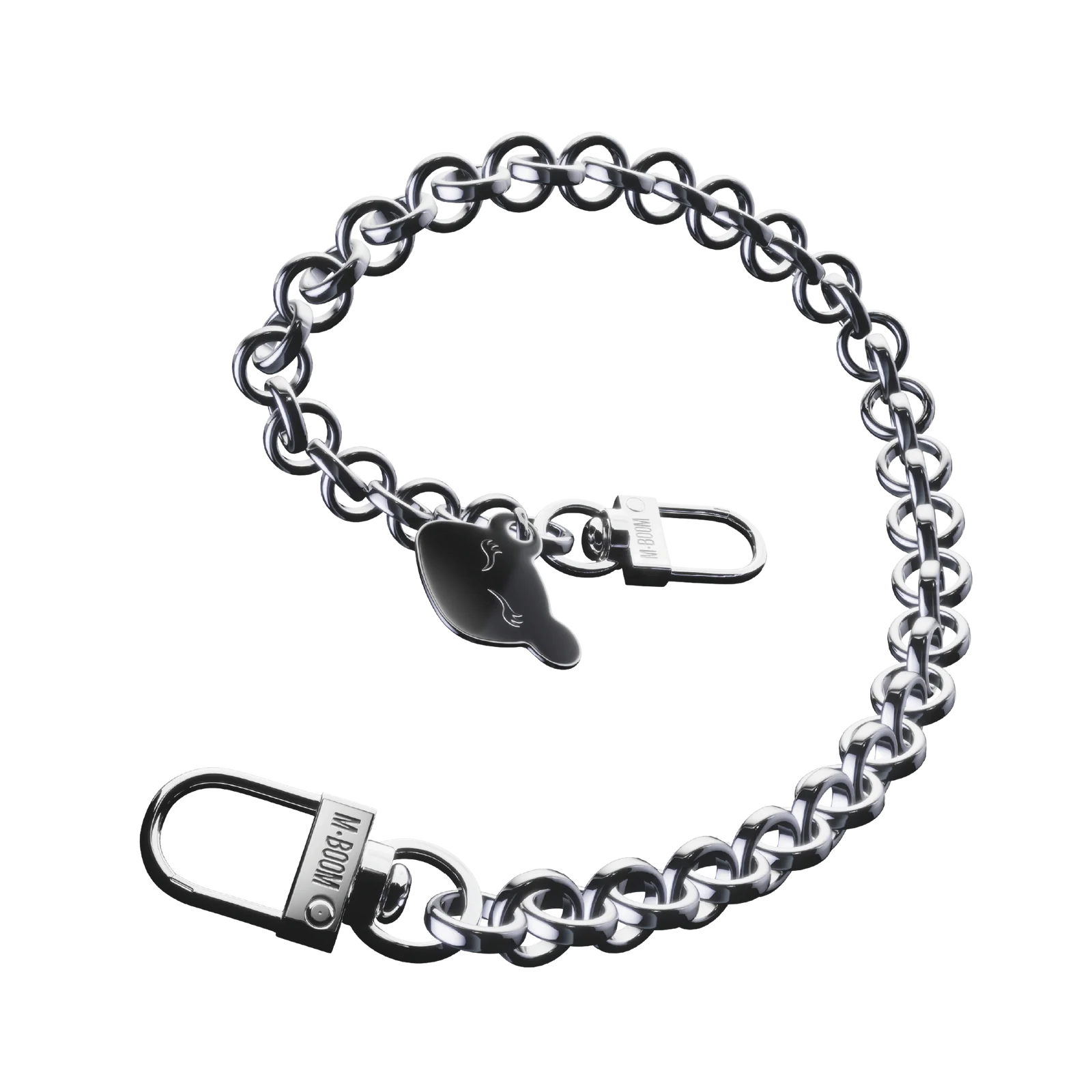 Pulseira prateada com elos redondos, fecho e pendente em forma de cabeça de cavalo