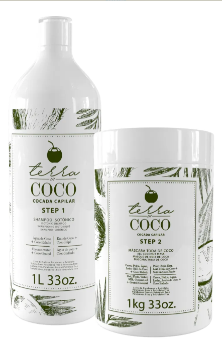 Produtos Terra Coco para cuidado capilar com embalagem branca e folhas verdes