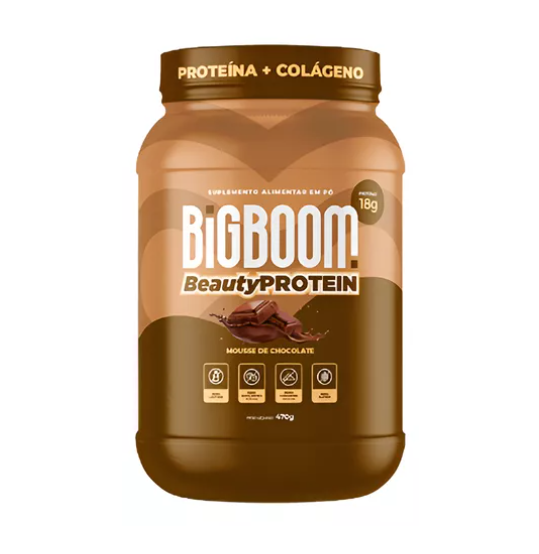 Frasco de suplemento BigBoom Beauty Protein sabor mousse de chocolate em cores castanhas