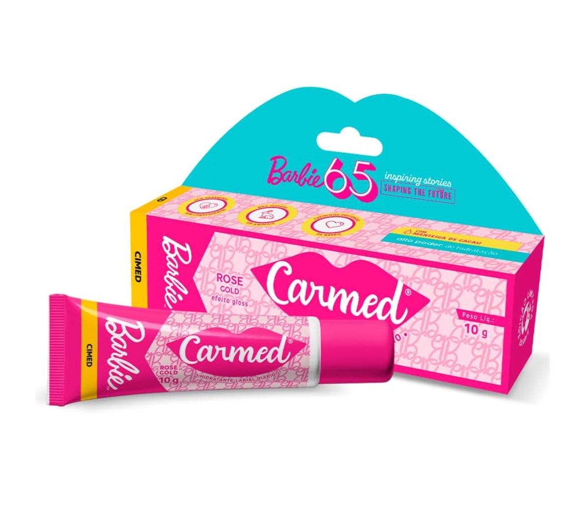 Creme Carmed rosa gold com embalagem rosa e branca e caixa com texto Barbie 65
