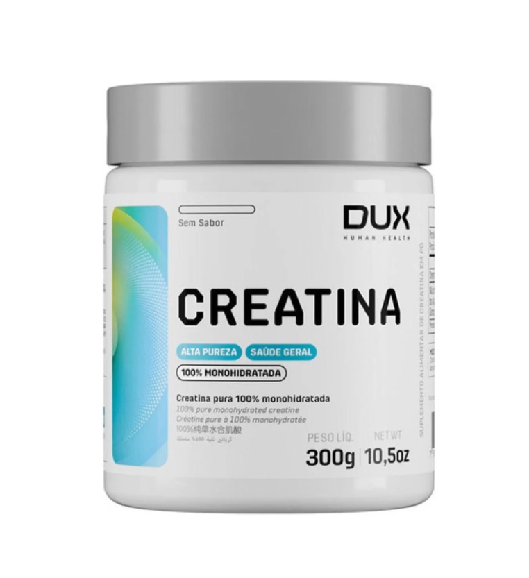Frasco branco com rótulo de creatina da marca DUX