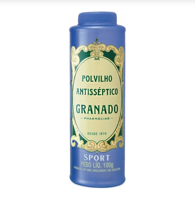 Frasco azul de pó antisséptico Granado com tampa azul