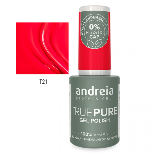 Frasco de verniz gel vermelho Andreia True Pure T21 com tampa ecológica e rótulo cinza.