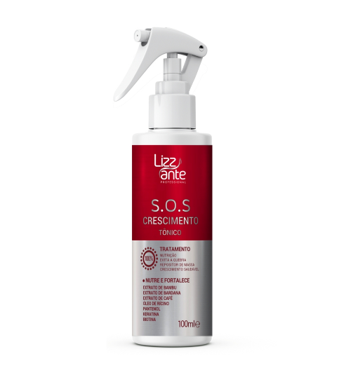 Spray tónico para crescimento capilar Lizzante S.O.S em frasco branco com rótulo vermelho