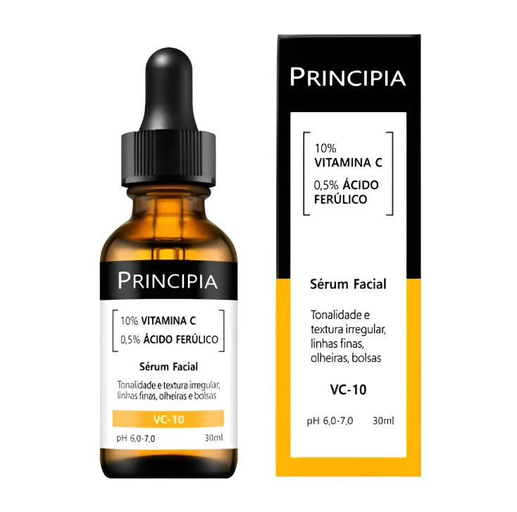 Sérum facial Principia em frasco âmbar com conta-gotas e caixa preta e branca
