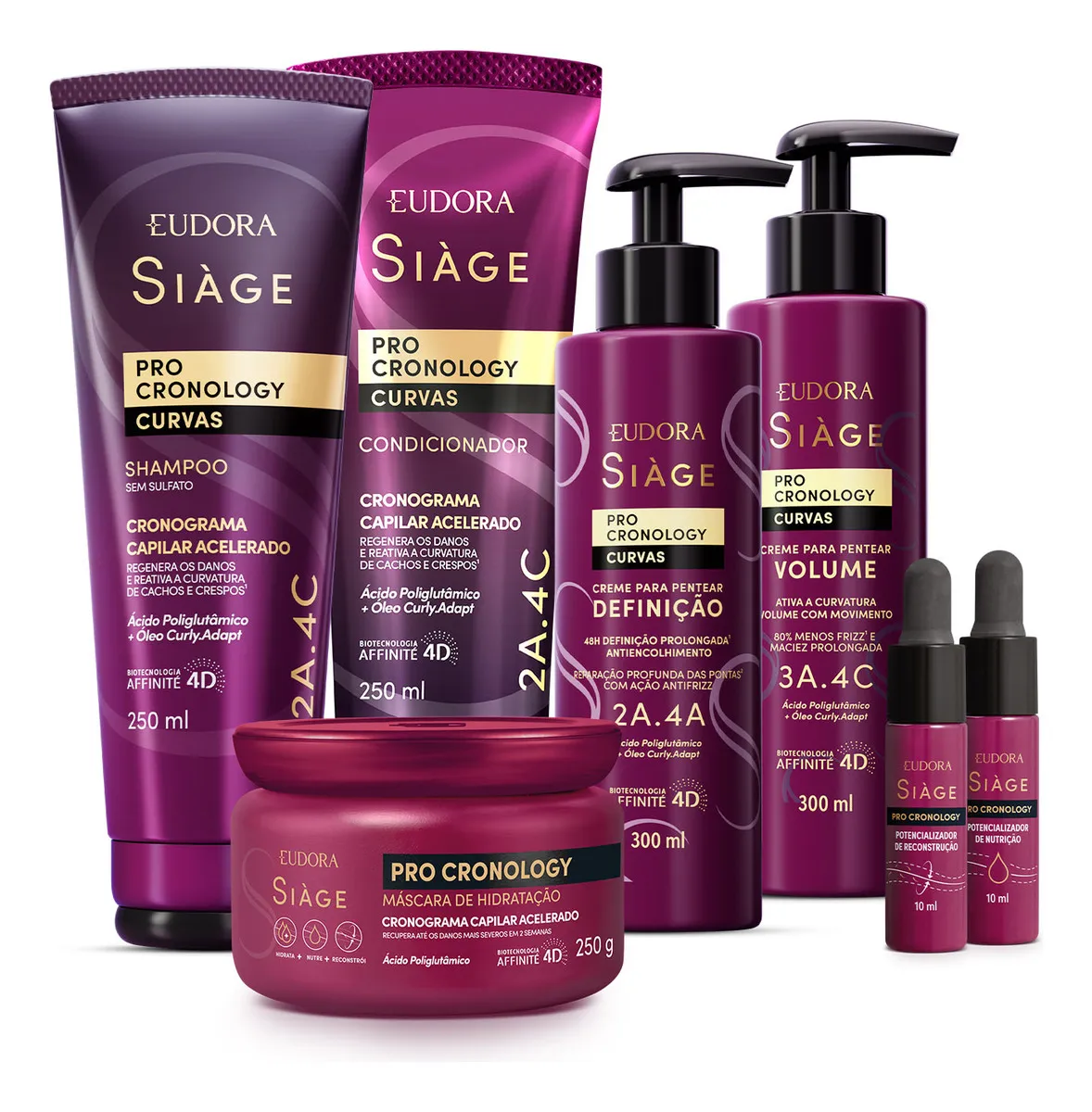 Produtos para cabelo Eudora Siàge Pro Cronology Curvas em embalagens roxas