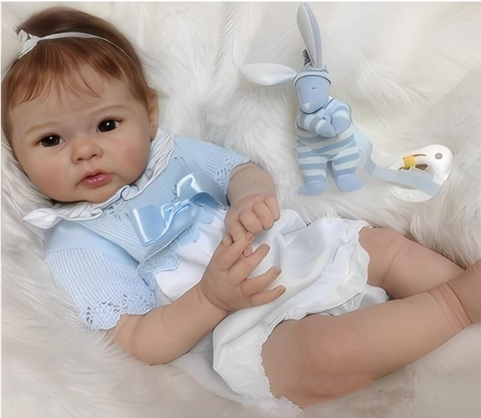 Boneca realista vestida de azul e branco com brinquedos ao lado