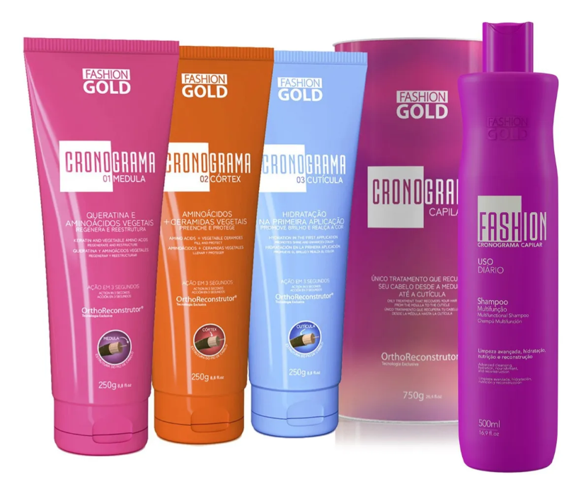 Produtos capilares Fashion Gold Cronograma em embalagens coloridas