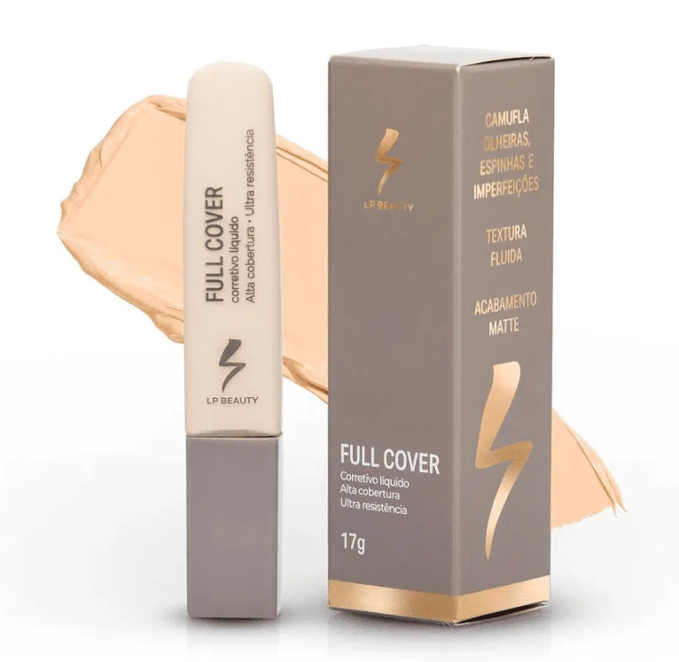 Corretivo líquido FULL COVER da LP Beauty com embalagem cinza e bege com texto dourado