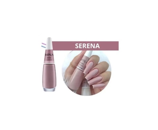 Frasco de esmalte rosa Impala cor Serena com unhas pintadas da mesma cor
