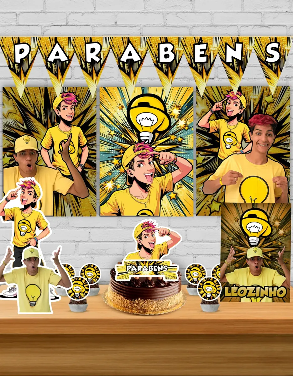 Conjunto de decoração de festa com tema amarelo e preto com figura jovem e lâmpada.