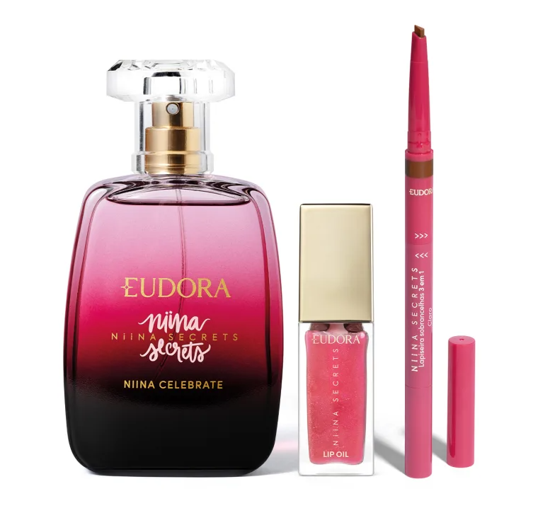 Conjunto de perfume, brilho labial e lápis labial rosa Eudora Nina Secrets