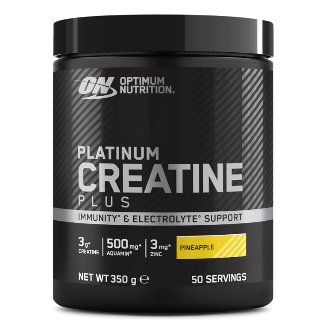 Frasco preto de suplemento Platinum Creatine Plus sabor ananás com texto em branco e amarelo