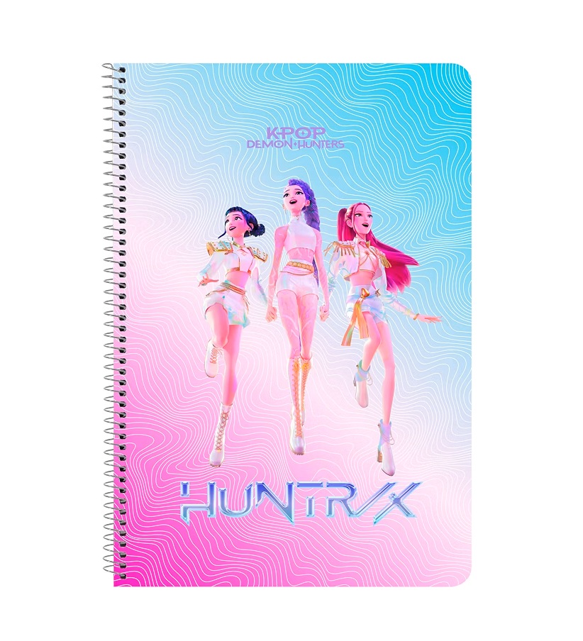 Caderno espiral com capa colorida e personagens femininas