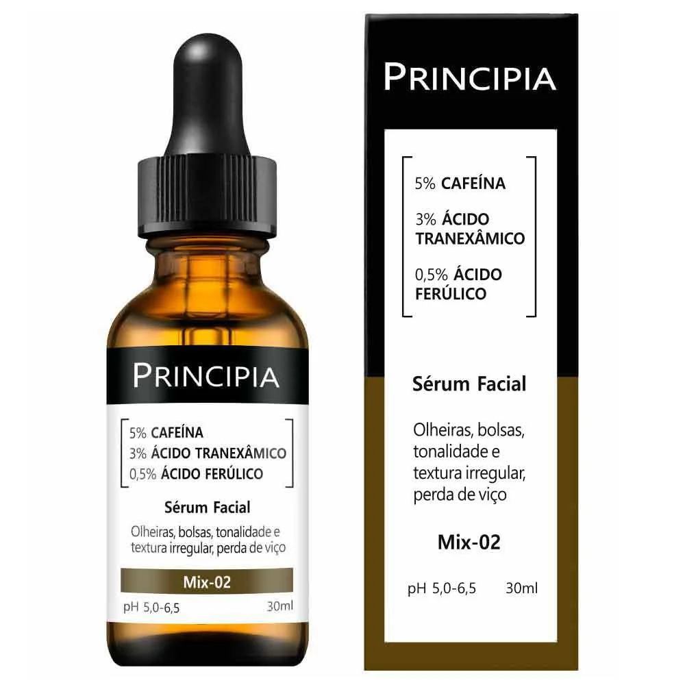 Frasco âmbar com conta-gotas preto de sérum facial PRINCIPIA e sua embalagem