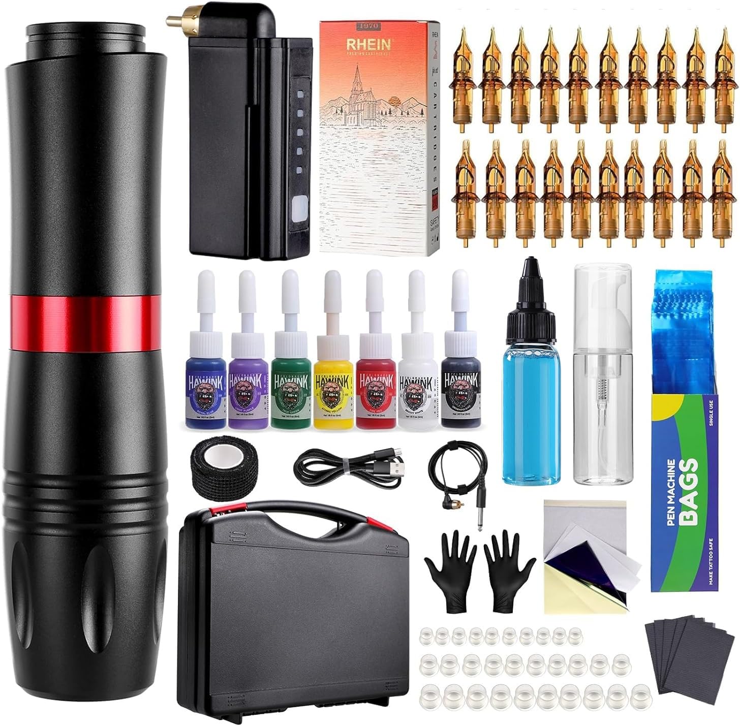 Kit completo de tatuagem com máquina preta, tintas variadas, acessórios e embalagem
