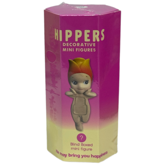 Embalagem de mini figura HIPPERS com cores rosa e bege e imagem da figura no centro