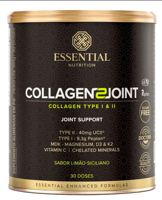 Frasco suplemento Essential Nutrition Collagen2Joint preto e dourado