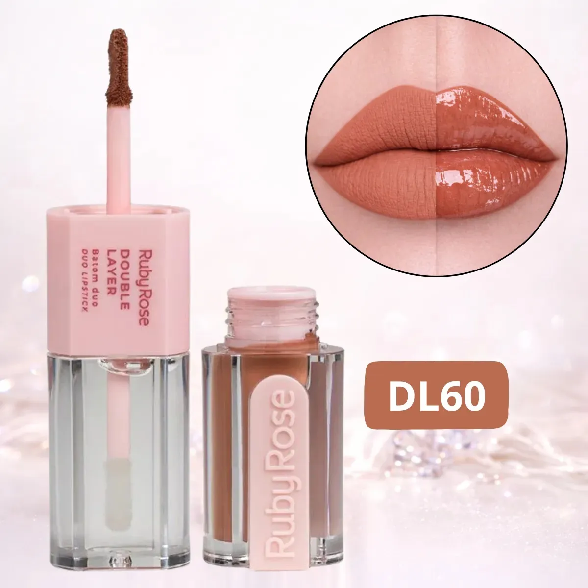 Batom líquido Ruby Rose Double Layer cor DL60 com embalagem transparente e tampa rosa