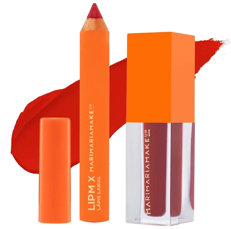 Lápis labial e batom líquido MARI MARIA MAKE UP em embalagem laranja e batom vermelho.