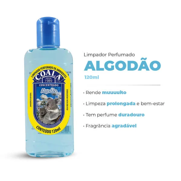 Frasco limpador perfumado ALGODÃO 120ml com rótulo amarelo e azul e coalas