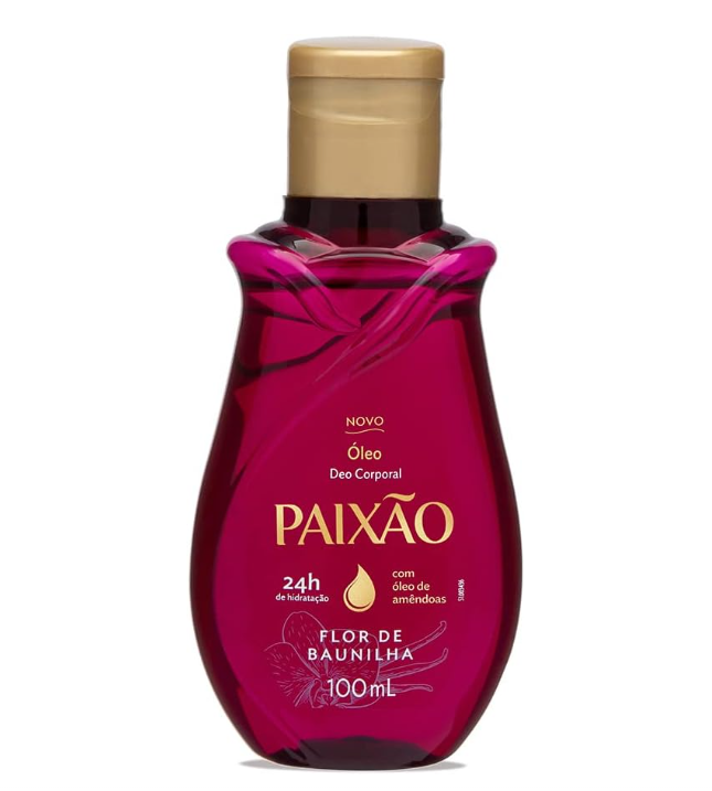 Frasco rosa translúcido de óleo corporal Paixão com tampa dourada