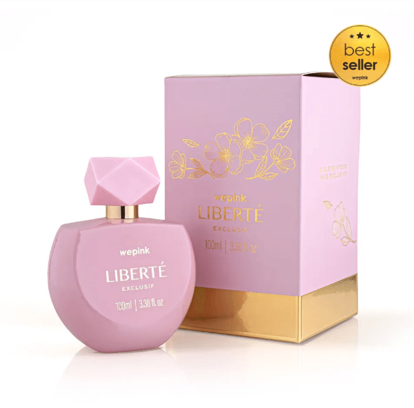 Frasco de perfume rosa com tampa facetada e caixa rosa dourada com selo best seller