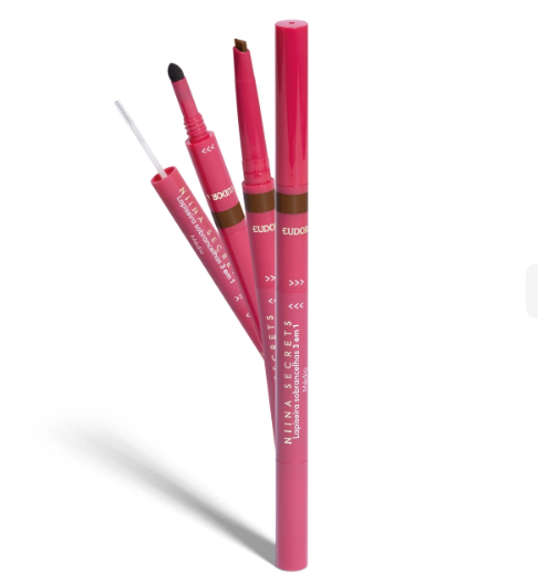 Três lápis de lábios rosa da marca EUDORA com diferentes aplicadores e texto branco.