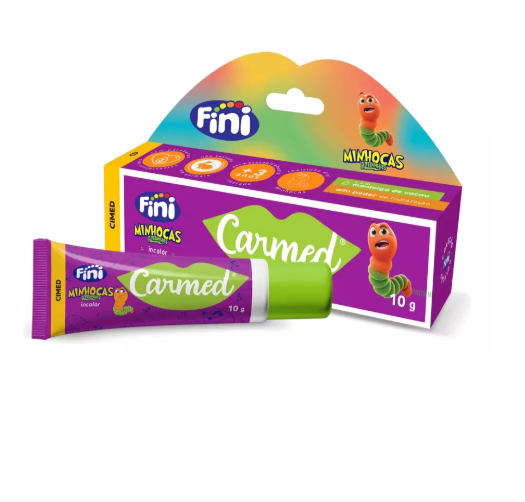 Embalagem e tubo de goma Fini Mimhoças sabor Caramela em roxo e verde