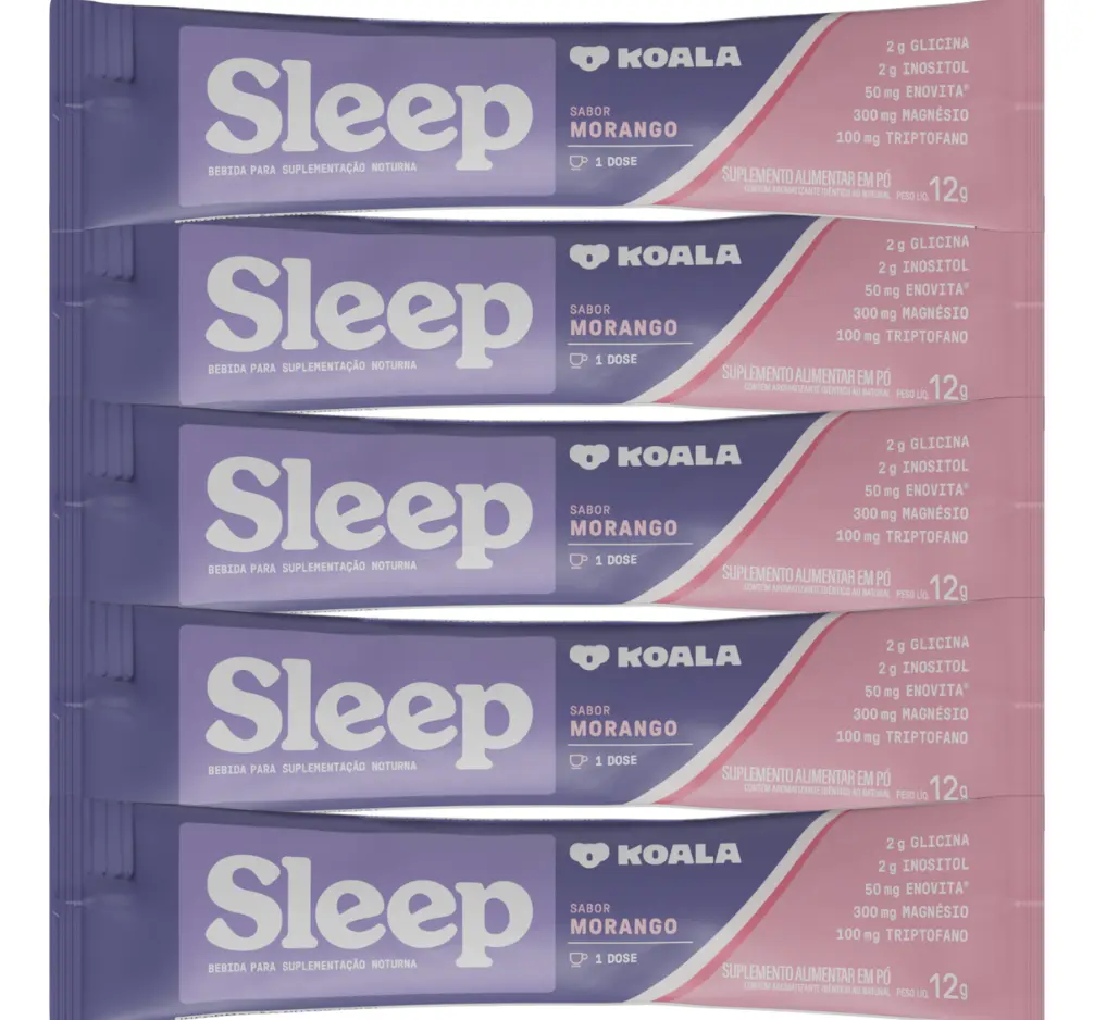 Cinco embalagens individuais de suplemento Koala Sleep sabor morango