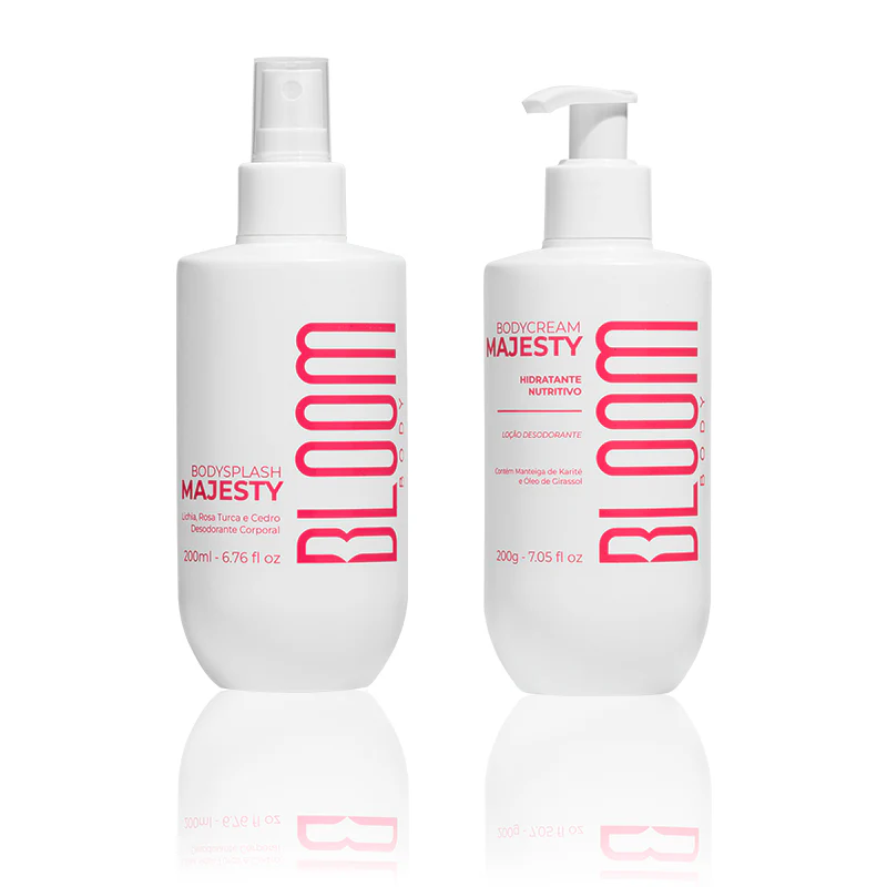 Frascos brancos de Bodysplash e Bodycream BLOOM BODY MAJESTY com texto rosa