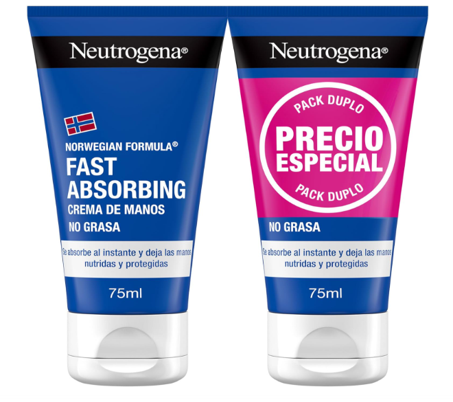 Dois tubos de creme de mãos Neutrogena 75ml com embalagem azul e detalhe rosa