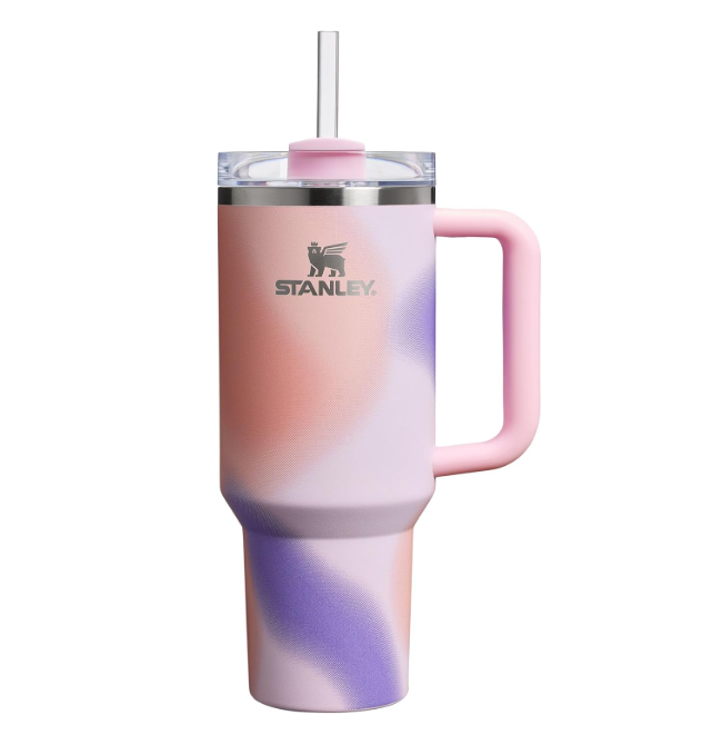 Copo térmico STANLEY cor-de-rosa com padrão e canudo