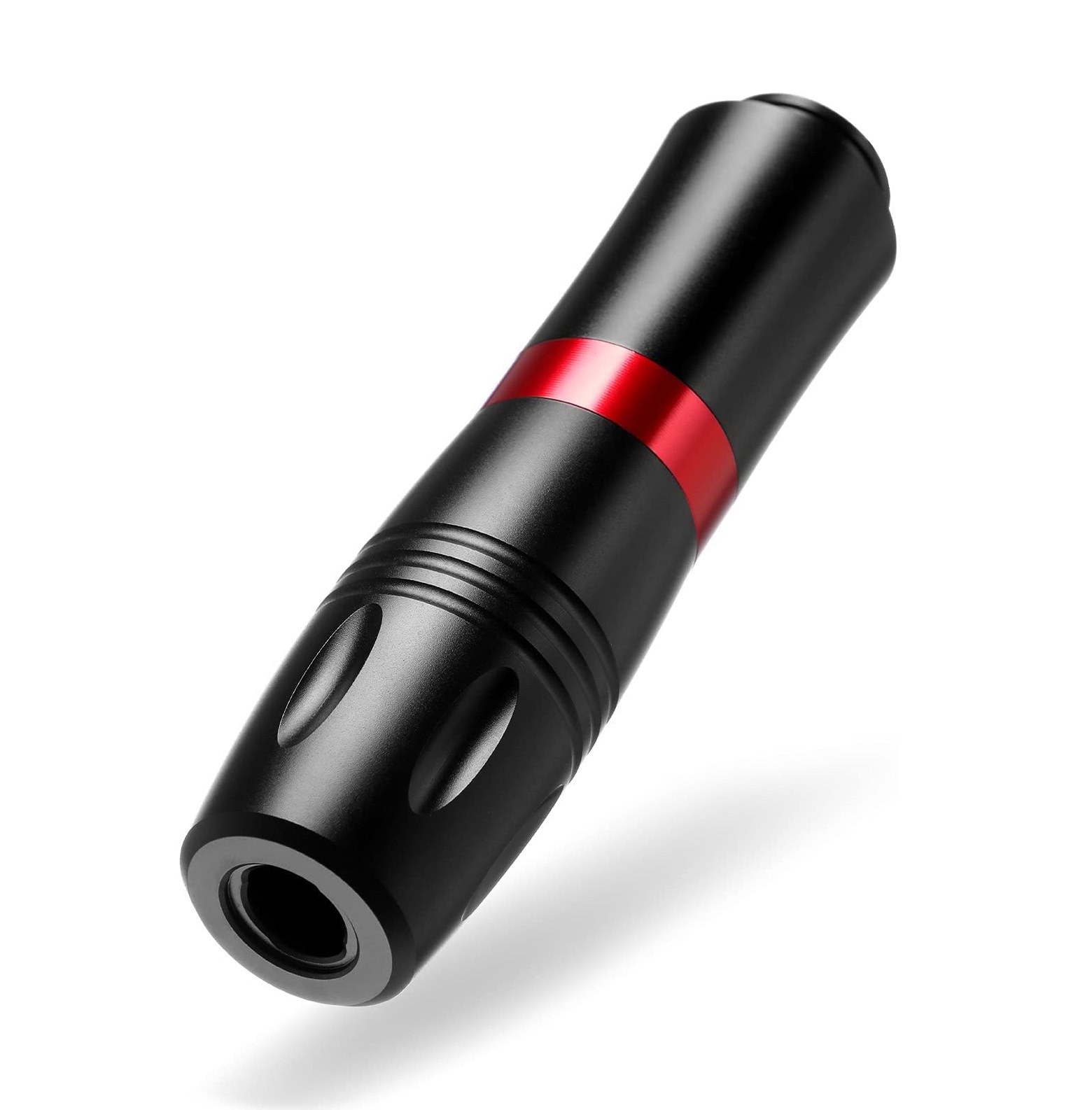 Conector de áudio preto metálico com anel vermelho e textura lisa