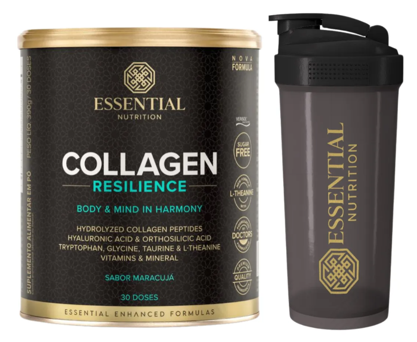 Frasco e shaker Essential Nutrition para colagénio com embalagem preta e detalhes dourados e azuis