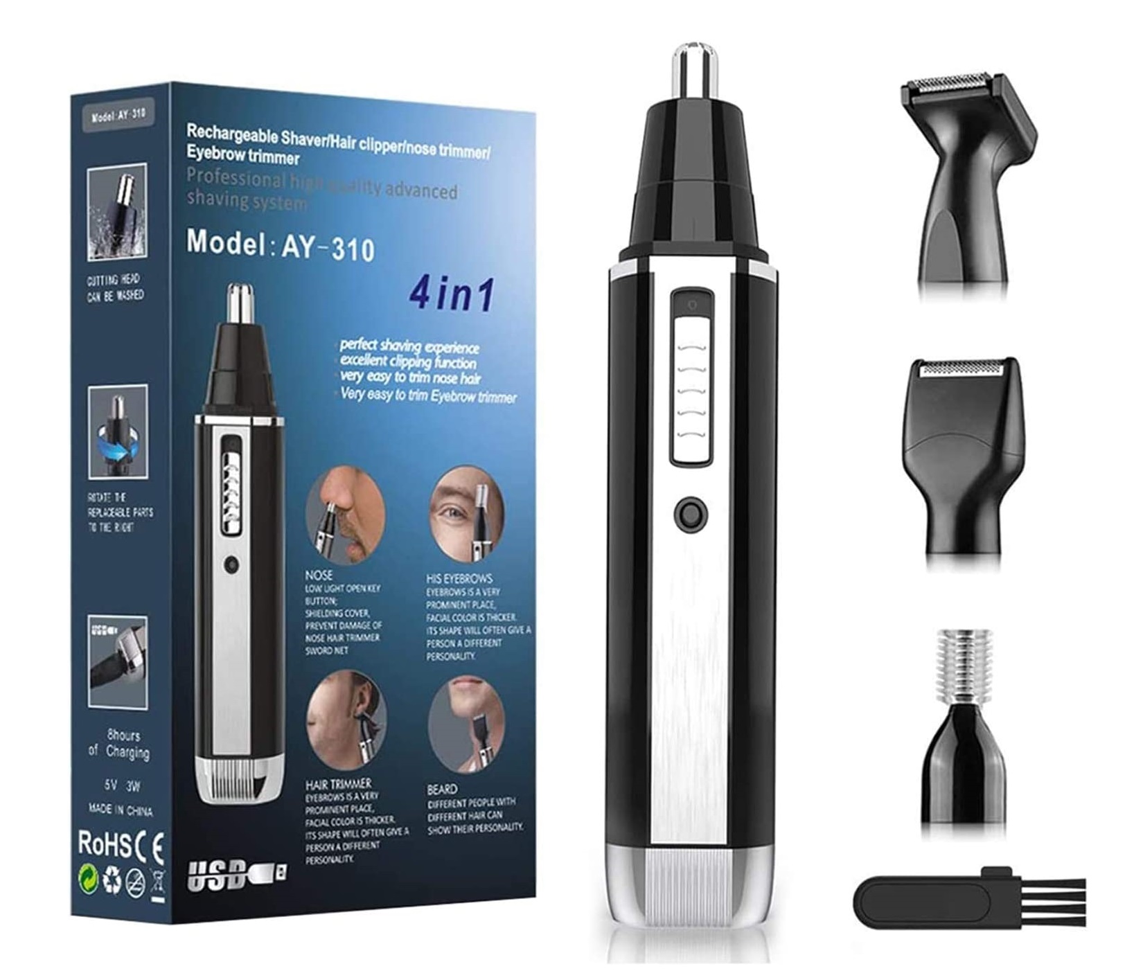 Apontador de pêlos recarregável AY-310 4 em 1 com acessórios e embalagem azul