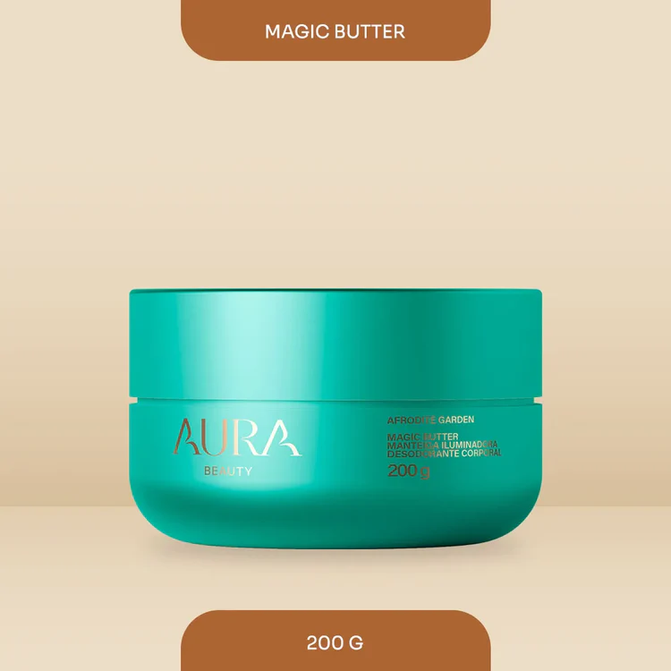 Creme corporal Aura Beauty Magic Butter 200 g embalagem verde-turquesa