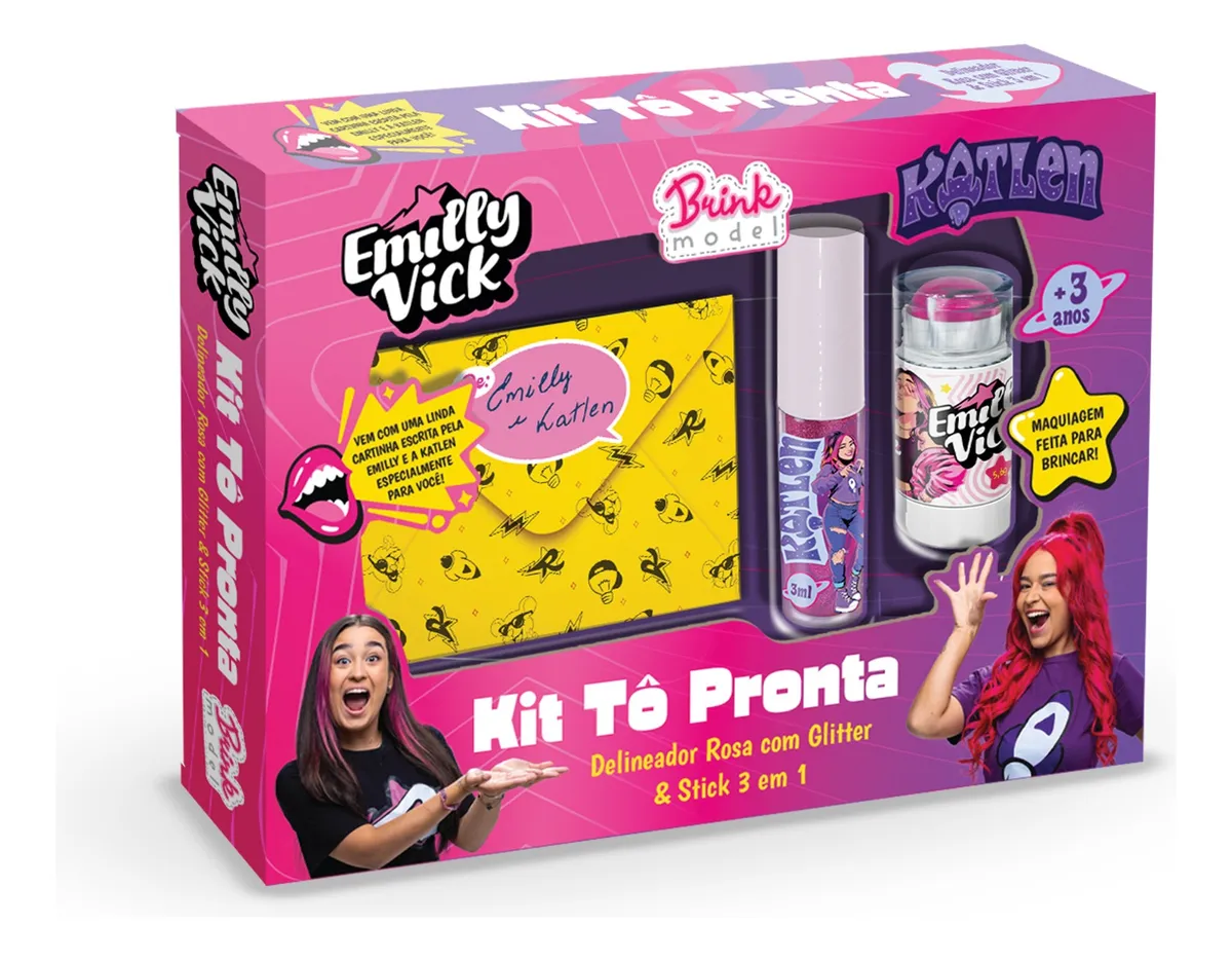 Kit maquilhagem infantil Emily Vick Kit Tô Pronta com delineador glitter rosa e stick 3 em 1