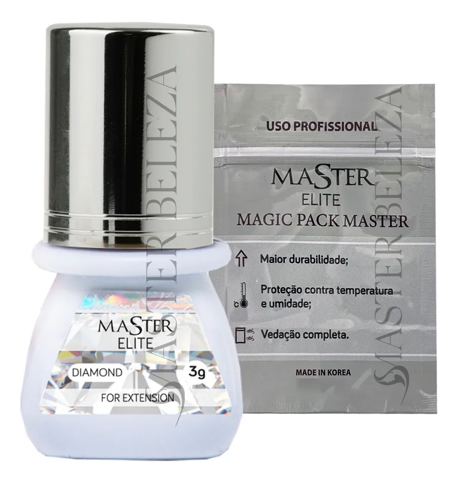 Produto Master Elite Diamond para extensão com embalagem branca e tampa prateada e saqueta prateada ao fundo